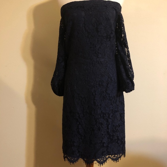 NWOT Trina Turk Dark Blue Lace Off Shoulder Dress - Picture 7 of 14